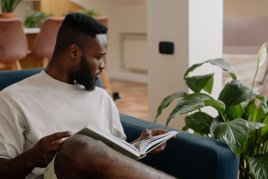 A man with facial hair sits indoors, reading a book beside a houseplant.