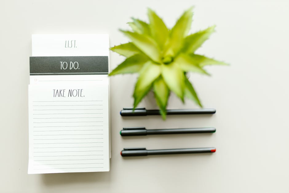 Flat lay view of a to-do list, black pens, and a potted plant for productivity inspiration.