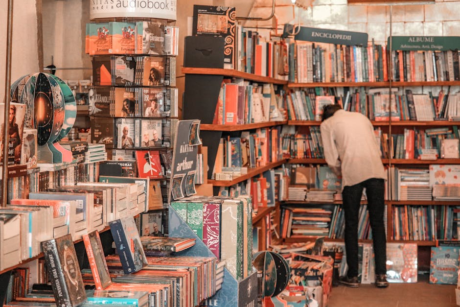 A person browses a vibrant selection of books in a cozy Brașov bookstore.